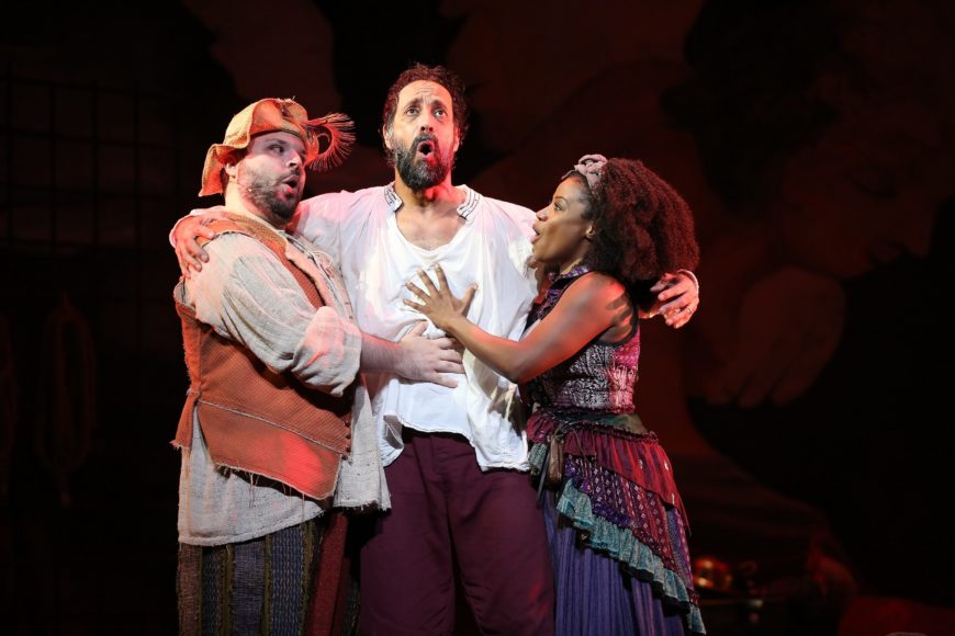 “Man of La Mancha” (2018) with, left to right, Tony Manna, Philip Hernandez, Gisela Adisa. Photograph by Carol Rosegg.