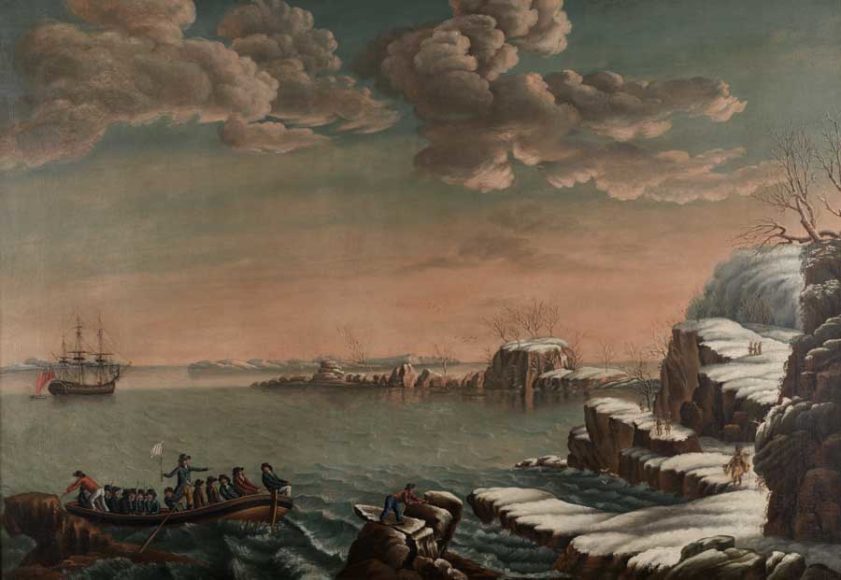 Michele Felice Cornè’s “The Landing of the Pilgrims” (circa 1807), oil on canvas, is part of “Arrivals,” at the Katonah Museum of Art Oct. 3 through Jan. 23. Courtesy the Pennsylvania Academy of the Fine Arts.