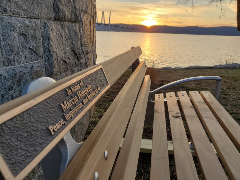 The honor bench dedicated to Marcia Horowitz’s memory, just north of Pilla Landing, overlooking the Hudson River in Tarrytown.