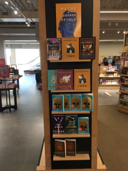 A display of new books on the Greek myths at Barnes & Noble’s concept store in Eastchester, topped by a stylized head of the iconic Apollo Belvedere. Photograph by Georgette Gouveia.