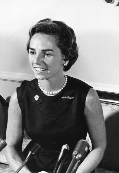 Ethel Kennedy, probably in early 1968, sporting a button for her husband Robert’s presidential run. He would die from an assassin’s bullet on June 6 of that year, leaving her a pregnant widow with 10 children. Courtesy The National Archives and Records Administration and the John F. Kennedy Library and Presidential Museum. 