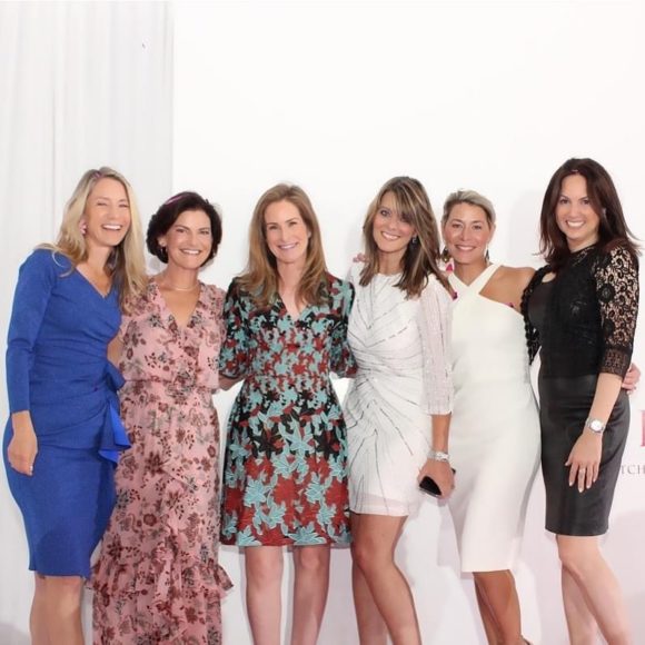Meg Russell (Greenwich) and Yonni Wattenmaker (Stamford) (center) are flanked by the luncheon’s co-chairs. (Left to right): Sarah Meindl (of Greenwich and Park City), Jennifer Dreilinger (Armonk), Paige Siek (Chappaqua) and Lori Kron (Rye Brook.)  