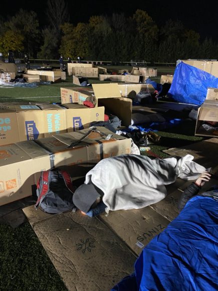 A record 250 Stepinac High School students slept in cardboard boxes on their White Plains campus last Wednesday night (Nov. 10) to raise money for the unsheltered homeless. Courtesy Stepinac High School.