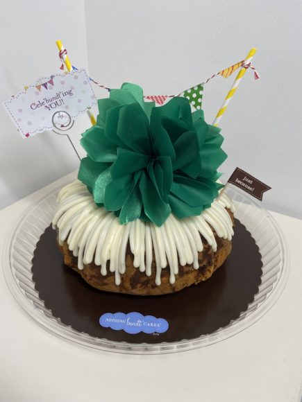 It’s hard to resist Nothing Bundt Cakes’ moist, creamy confections, like this marble creation topped by the company’s signature cream cheese frosting and embellished with floral bows and personalized decorations. Photograph by Fatime Muriqi.