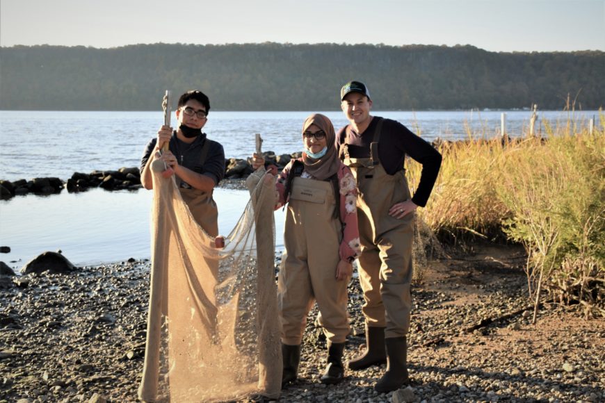 The team of students who recently identified a new species of fish in the Hudson River includes (left to right) Yonkers Middle High School seniors Michael Castro and Sukaina Rashid, with Jason Muller, outreach coordinator of Sarah Lawrence College’s Center for the Urban River at Beczak (CURB). Not pictured – SLC sophomore Gabriella Marchesani. Courtesy Sarah Lawrence College.