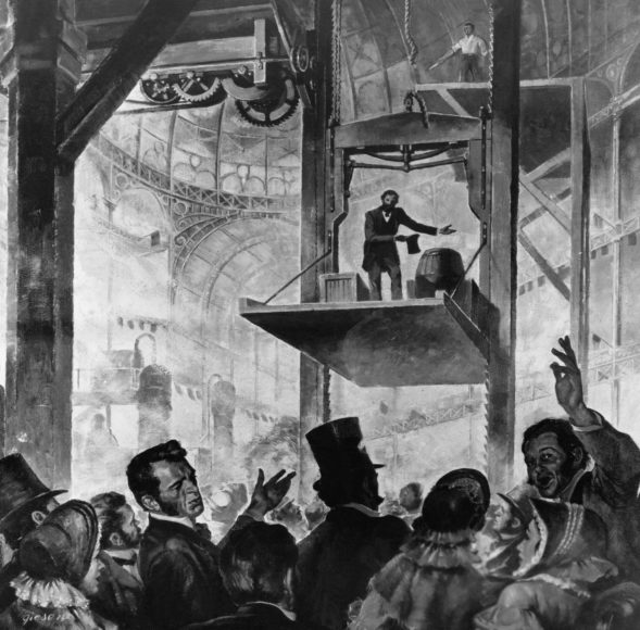 A copy of an engraving depicting Elisha Otis demonstrating his new safety elevator in 1853 at the Exhibition of the Industry of All Nations at the New York Crystal Palace in Manhattan.