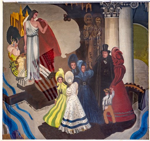 Mimi Jennewein’s “The Correspondence, Journeys and Influences on the Cooper Family 1826 to 1833,” one of several Mamaroneck High School murals related to the life and work of James Fennimore Cooper that is slated to be destroyed or covered up during new construction. Photograph by Charles Seton.
