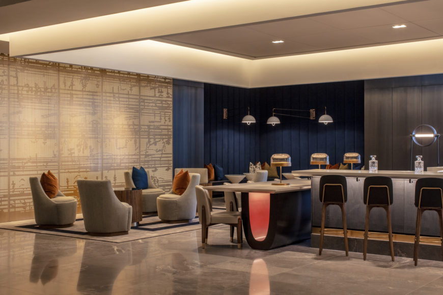 The Crescendo Bar at Omni Boston Hotel at The Seaport features a wall of sheet music from Beethoven's Fifth Symphony. Courtesy Omni Boston Hotel at The Seaport.