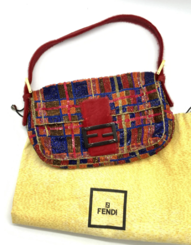 A limited edition Fendi beaded silk purse ($200 to $800) covered on the outside with seed beads and sequins is among the designer handbags from the Denise Winston estate. The bag measures 7 by 11 inches and has a fuzzy handle. 