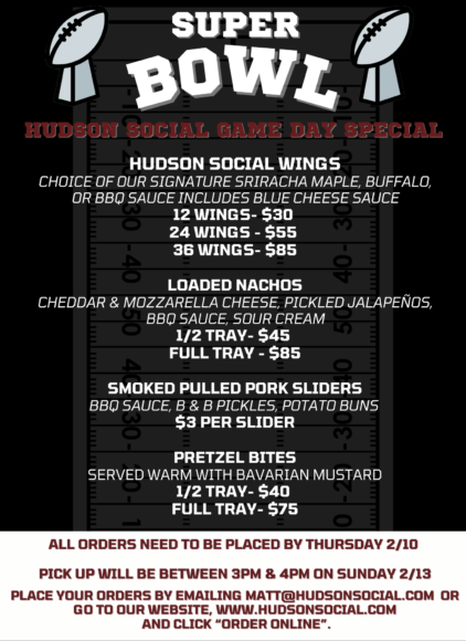 Hudson Social has you covered for both the Super Bowl and Galentine’s Day (Sunday, Feb. 13) as well as Valentine’s Day (Monday, Feb. 14). Courtesy Hudson Social.