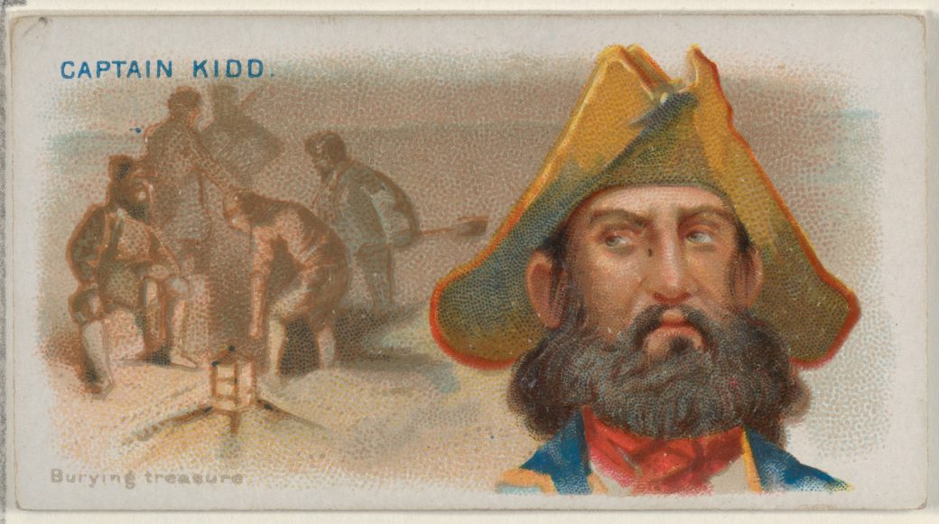 “Captain Kidd, Burying Treasure,” from “The Pirates of the Spanish Main” series (N19) for Allen & Ginter Cigarettes, print, George S. Harris & Sons. New York royal Gov. Richard Coote, the first Earl of Bellemonte – a Kidd investor who wanted to disassociate himself from the wanted privateer – linked Kidd’s ill-gotten goods to Stamford merchants. Collection of The Metropolitan Museum of Art.