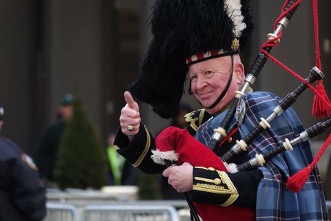 Joe Brady gives a thumbs up during the New York City St. Patrick’s Day parade while leading the First Battalion, 69th Regiment in the march. Photographs by Nikki Brady. 