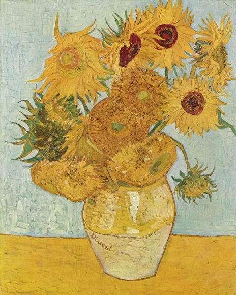 Vincent van Gogh’s “Still Life:  Vase with Twelve Sunflowers” (1888), oil on canvas, Neue Pinokothek, Munich. Image part of a collection of reproductions compiled by The Yorck Project. 