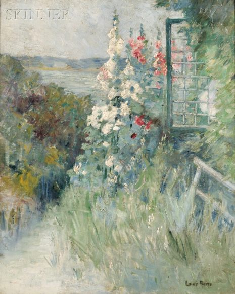 Louis L. Betts’ “Hollyhocks in a Seaside Garden,” oil on canvas. Sold for $3,600 at Skinner Inc. 
