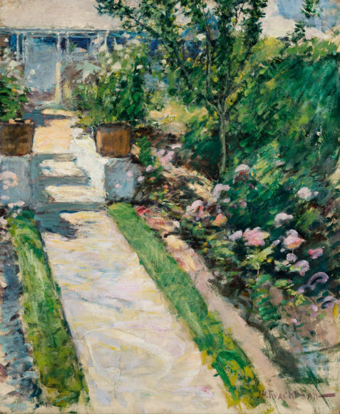 John Henry Twachtman’s “In the Garden” (1895-99), oil on canvas. Private collection. The work will be part of the Greenwich Historical Society’s “Life and Art: The Greenwich Paintings of John Henry Twachtman” (Oct. 19 through Jan. 22), an exploration of one of the finest American Impressionist painters and a member of the Cos Cob Art Colony that found a summer home at the society’s Bush-Holley House.