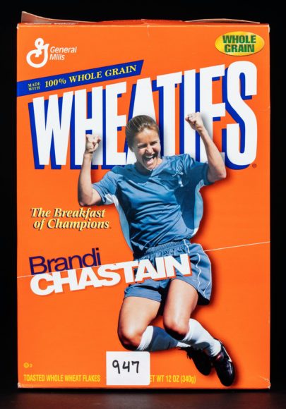 General Mills’ Wheaties box featuring U.S. women’s soccer star Brandi Chastain, 1999. New-York Historical Society, The Women’s Sports Foundation Records.