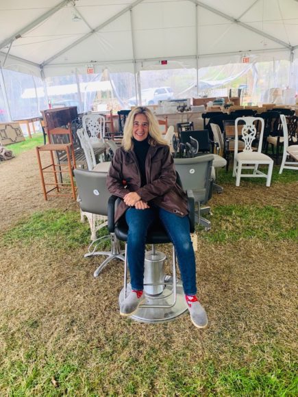 Pam Stone tests out Martha Stewart’s vintage studio makeup chair.