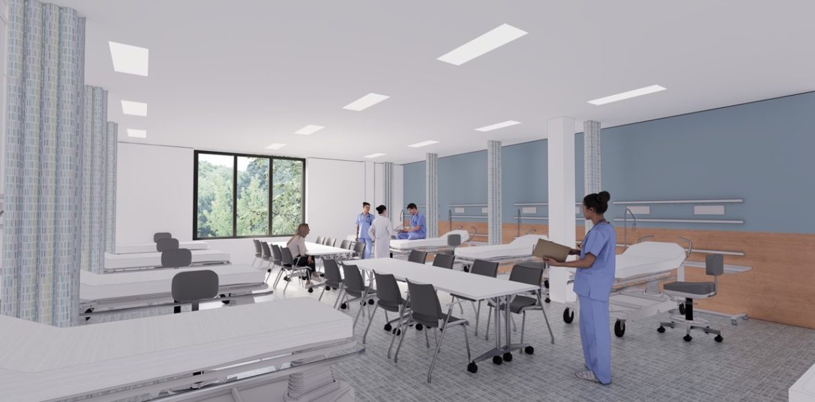 A rendering of a bedside-care skills lab at the future home of the NewYork-Presbyterian Iona School of Health Sciences in Bronxville.