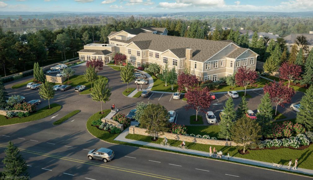 Designed in minimalist American Craftsman style, Monarch Coopers Corner will offer independent and assisted living as well as memory care when it opens this winter on the site of the former Cooper's Corners Nursery in New Rochelle. Courtesy Monarch Coopers Corner.