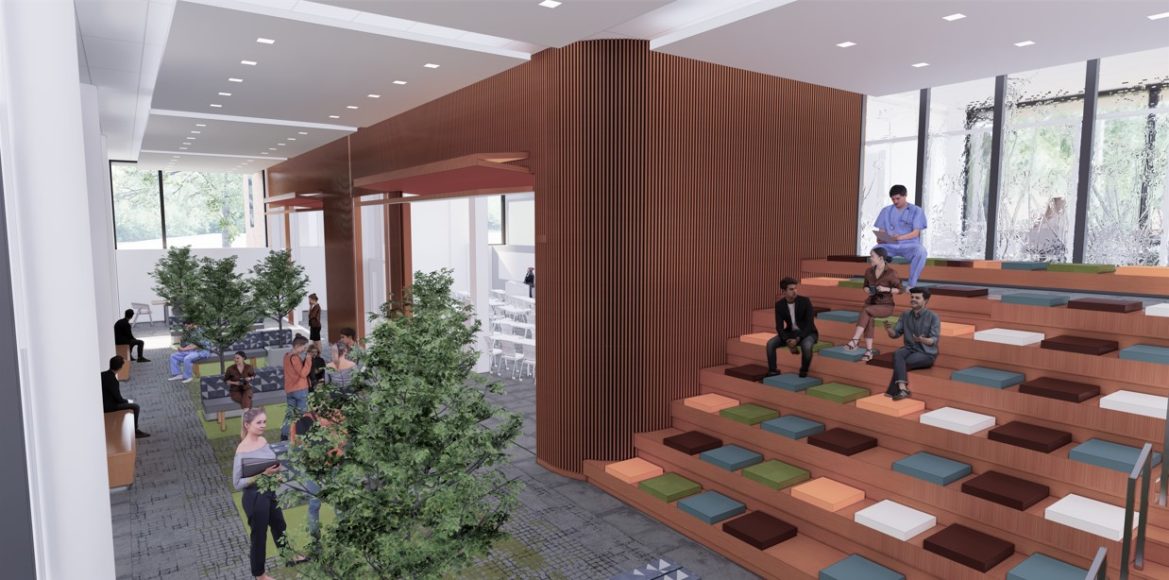 A rendering of a multipurpose common area at the future home of the NewYork-Presbyterian Iona School of Health Sciences in Bronxville.
