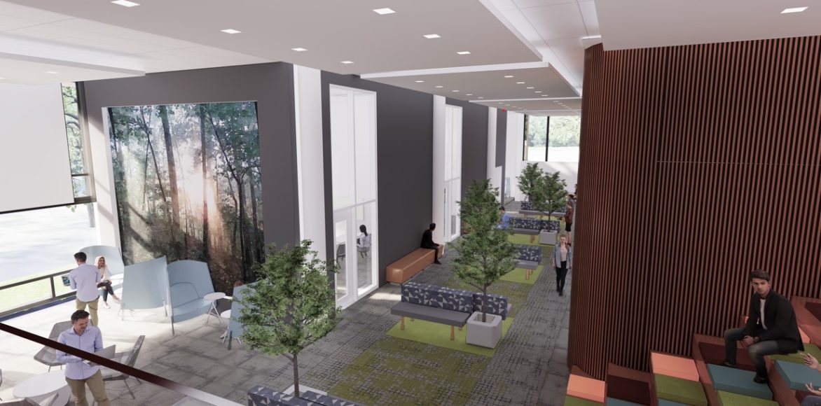 A rendering of a multipurpose common area at the future home of the NewYork-Presbyterian Iona School of Health Sciences in Bronxville.