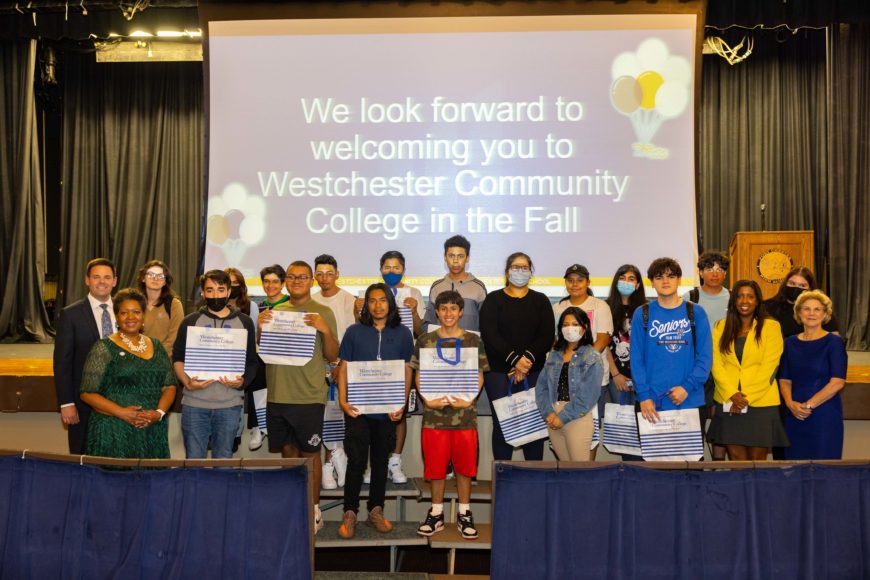 SUNY Westchester Community College President Belinda Miles, Ph.D., and State Sen. Shelley Mayer visit Port Chester High School to announce a new partnership providing automatic admission to SUNY WCC for all PCHS graduates. Courtesy SUNY WCC.