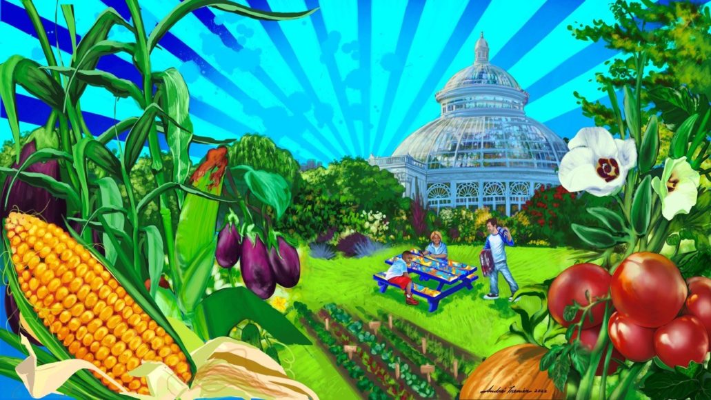 Digital painting by Bronx-based artist André Trenier for “Around the Table:  Stories of the Foods We Love,” at the New York Botanical Garden through Sept. 11. Courtesy NYBG.