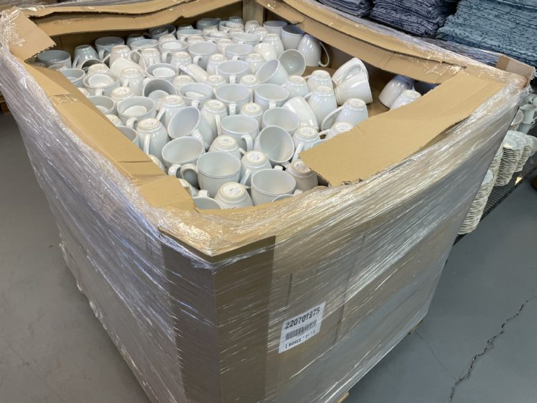 Costa Nova cups ready to be unpacked at Casafina warehouse sale