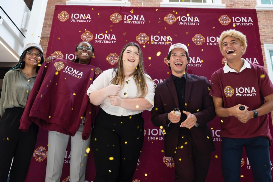 Iona University students celebrate following the announcement of university status on Tuesday, July 12. Left to right are Alesandra Payne, Class of 2024, Tonian Fullerton ’24, Maria Foley ’23, Brenden Martinez ’24 and Devon Gabriel ’23. Courtesy Iona University.