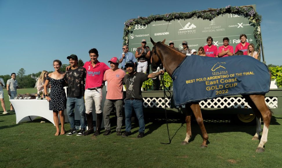 MVP Joaquin Panelo (front, center) and Best Playing Argentine Pony GT Lagoinha, which was played (or ridden) by Panelo, soaked up the victory as the Level CBD Select team triumphed over Le Fe 6-5 for the East Coast Gold Cup July 24 at Greenwich Polo Club. (Team Level Select CBD also took the Silver Cup on July 6.) Courtesy Greenwich Polo Club.